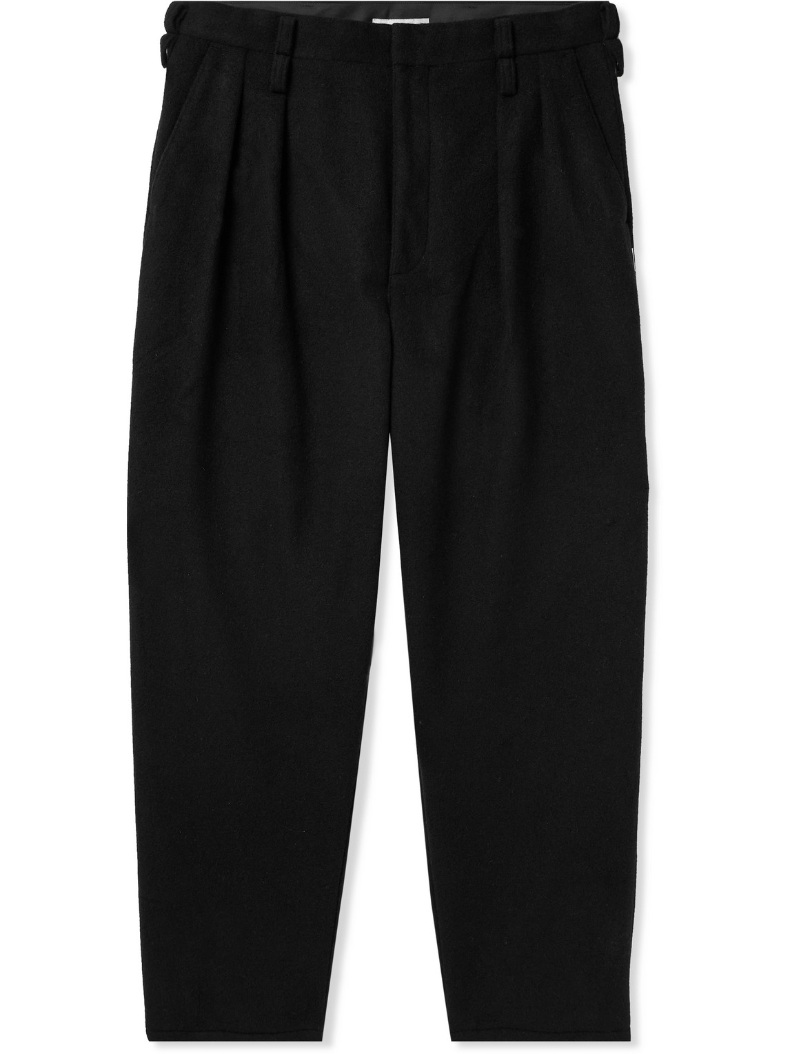 Wtaps Tapered Straight-leg Pleated Brushed Wool-blend Trousers In Black