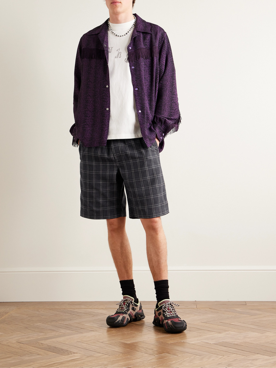 Shop Our Legacy Straight-leg Checked Woven Shorts In Gray