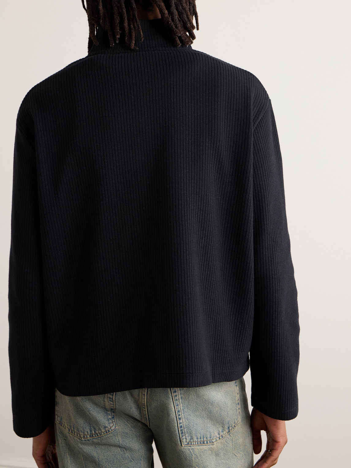 Shop Our Legacy Shrunken Ribbed Cotton Zip-up Sweater In Black