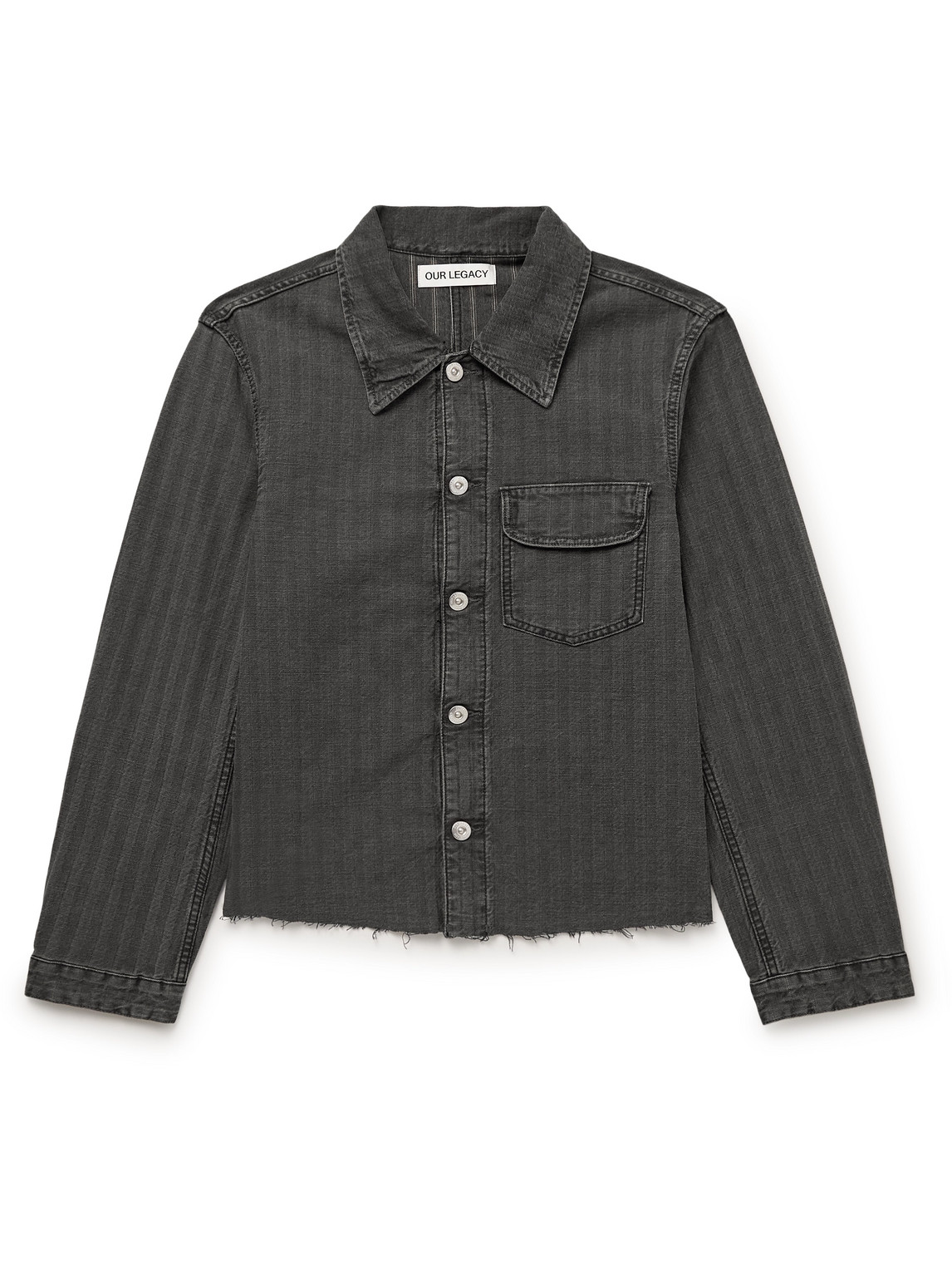 Our Legacy Rebirth Frayed Striped Denim Jacket In Gray