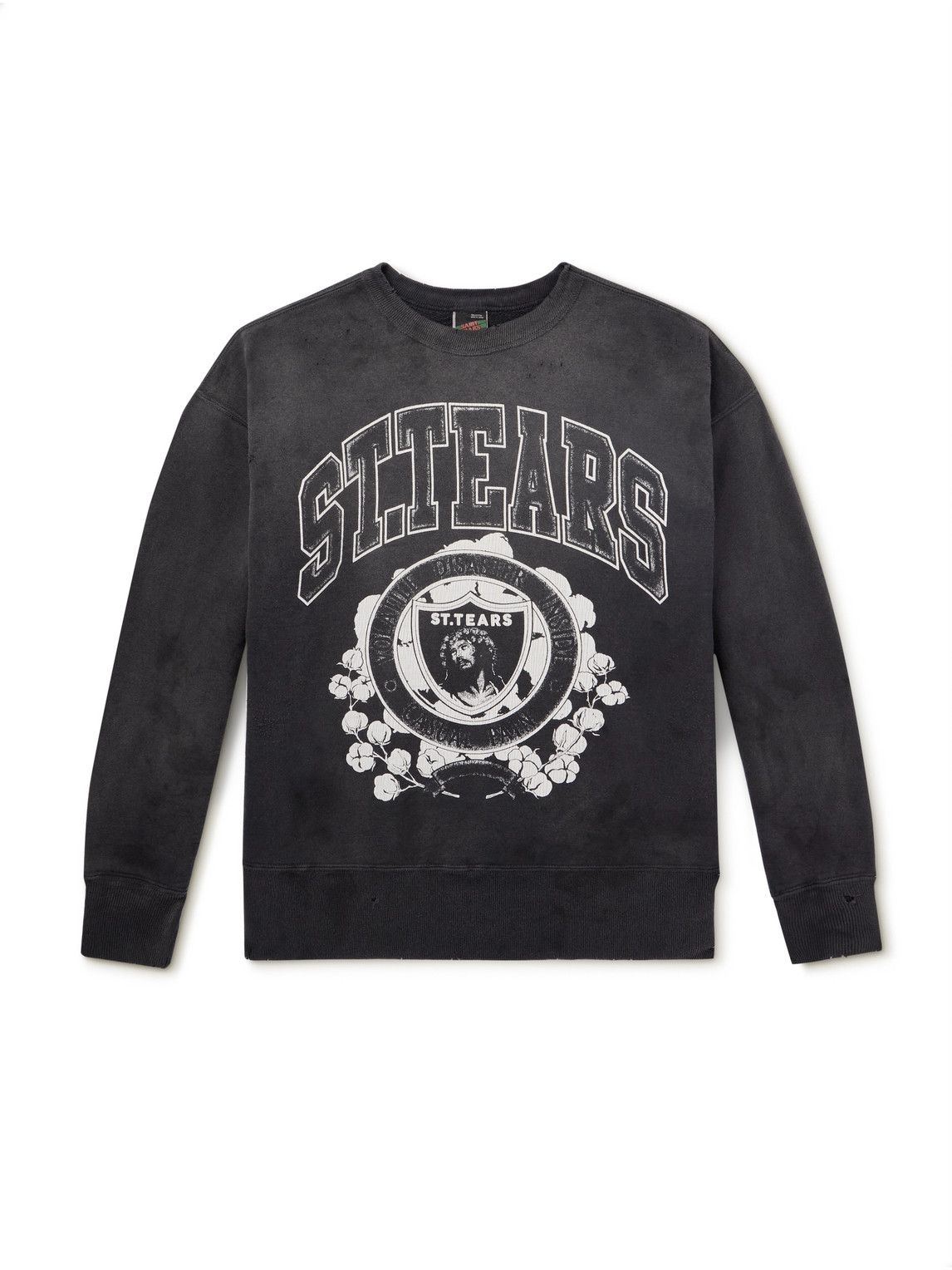 Saint Mxxxxxx Denim Tears Saint Tears Distressed Printed Cotton-jersey Sweatshirt In Black