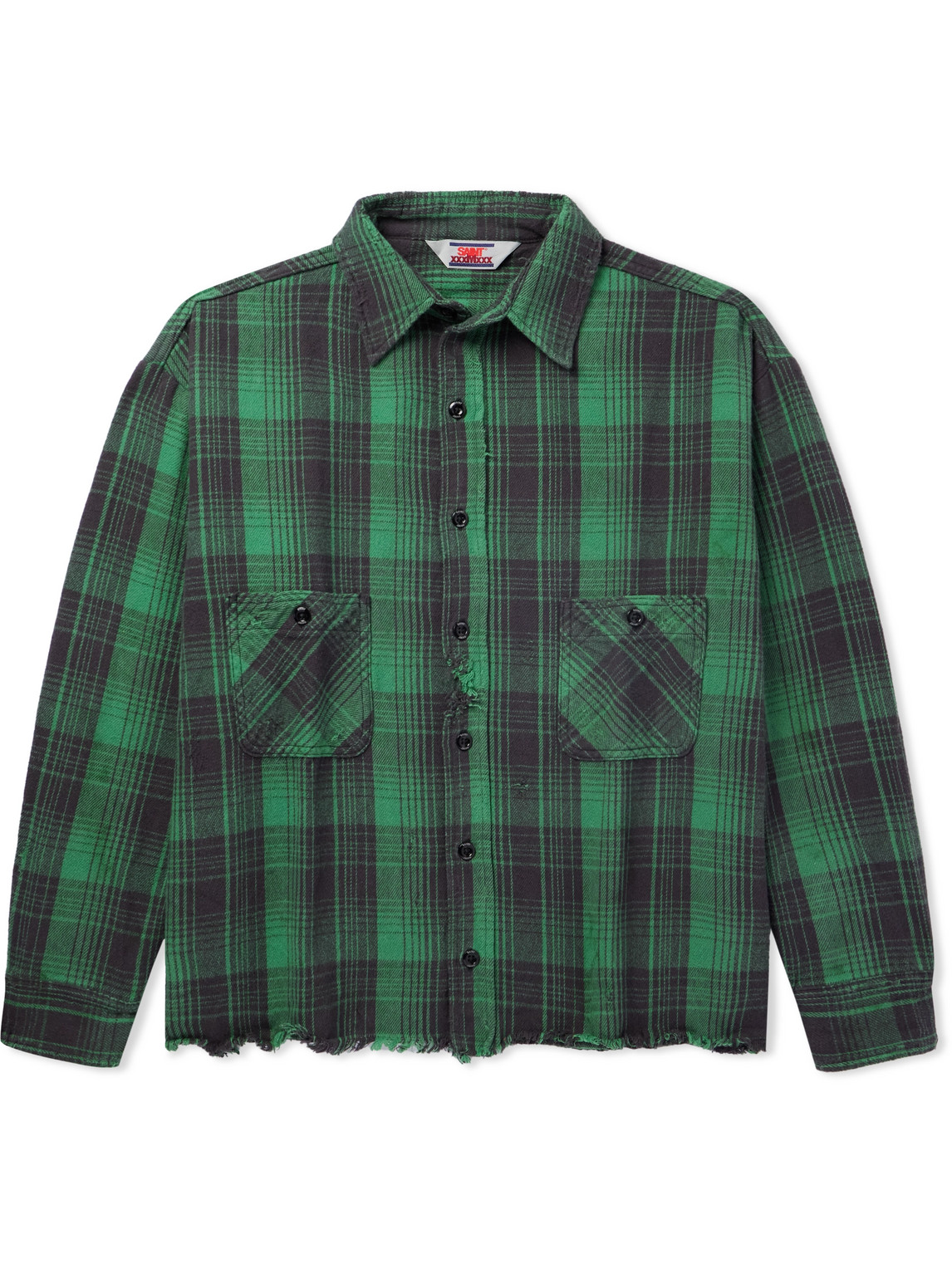 Saint Mxxxxxx Distressed Checked Cotton-flannel Shirt In Green