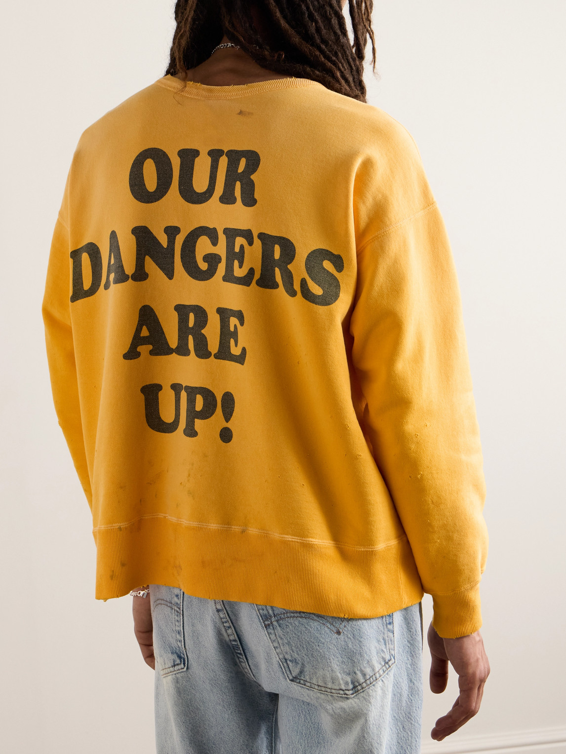 Shop Saint Mxxxxxx Distressed Printed Cotton-jersey Sweatshirt In Yellow