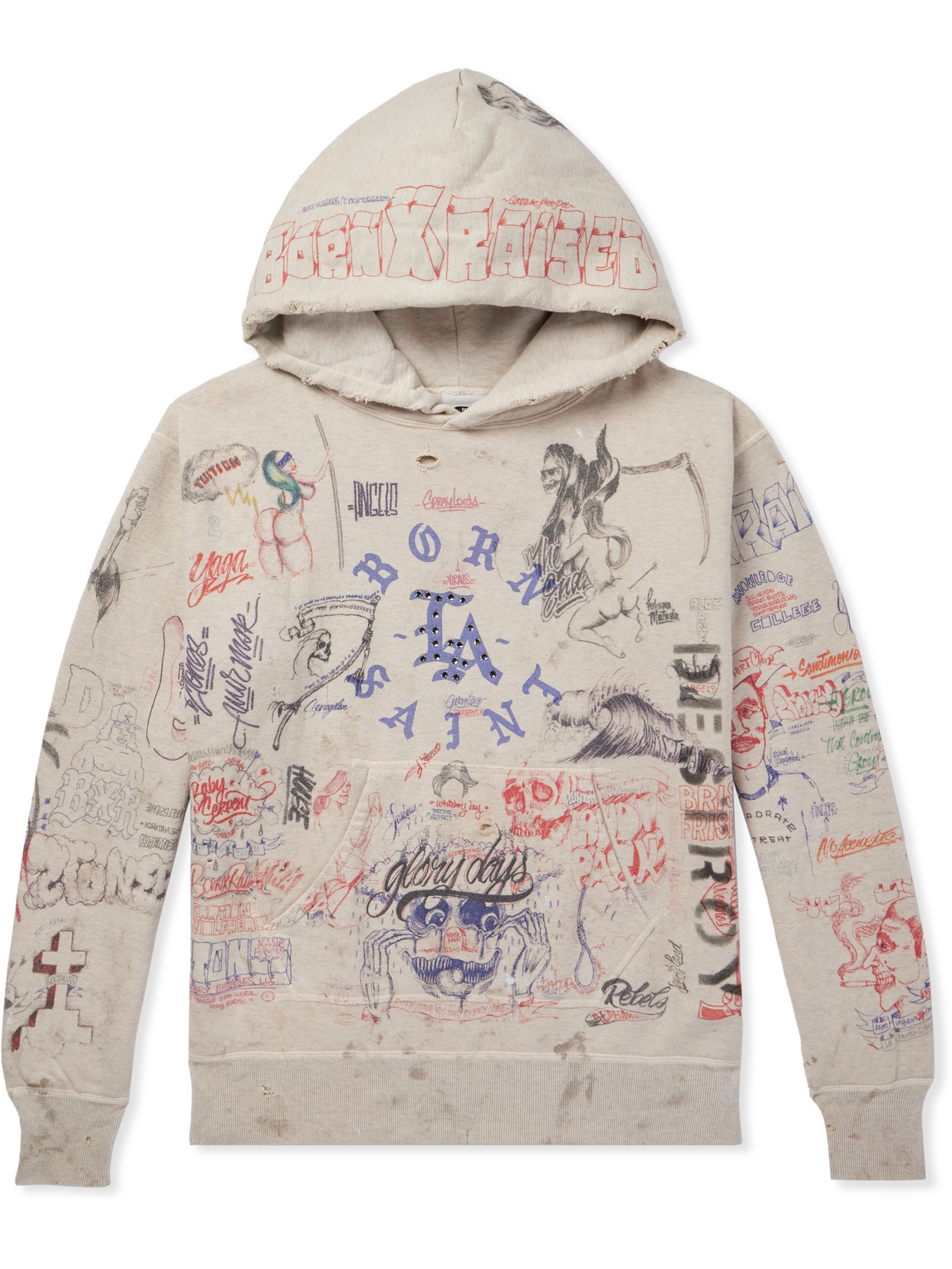 Saint Mxxxxxx Born X Raised Distressed Crystal-embellished Printed Cotton-jersey Hoodie In Neutrals