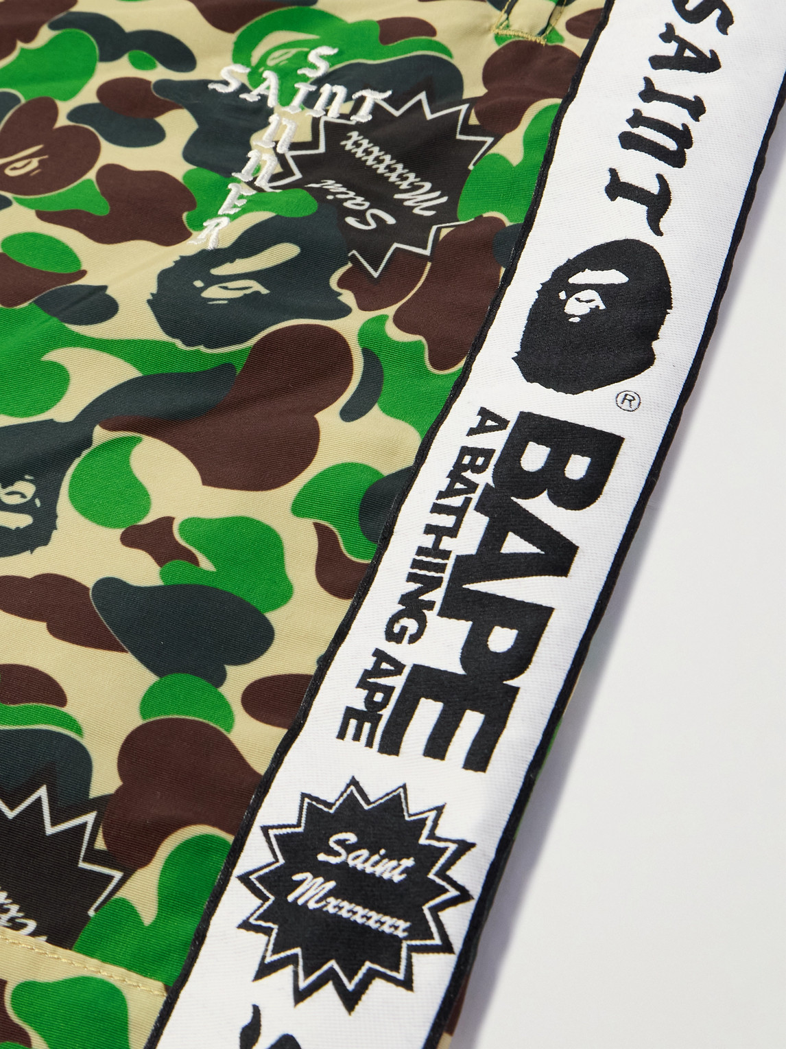 Shop Saint Mxxxxxx Bape® Straight-leg Webbing-trimmed Camouflage-print Shell Trousers In Green