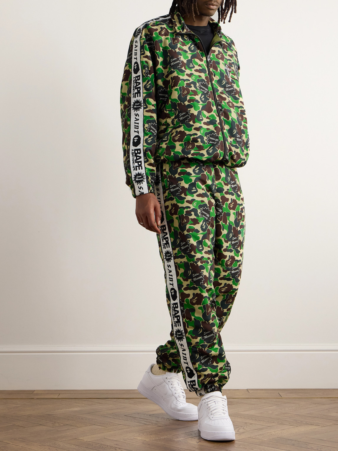 Shop Saint Mxxxxxx Bape® Straight-leg Webbing-trimmed Camouflage-print Shell Trousers In Green