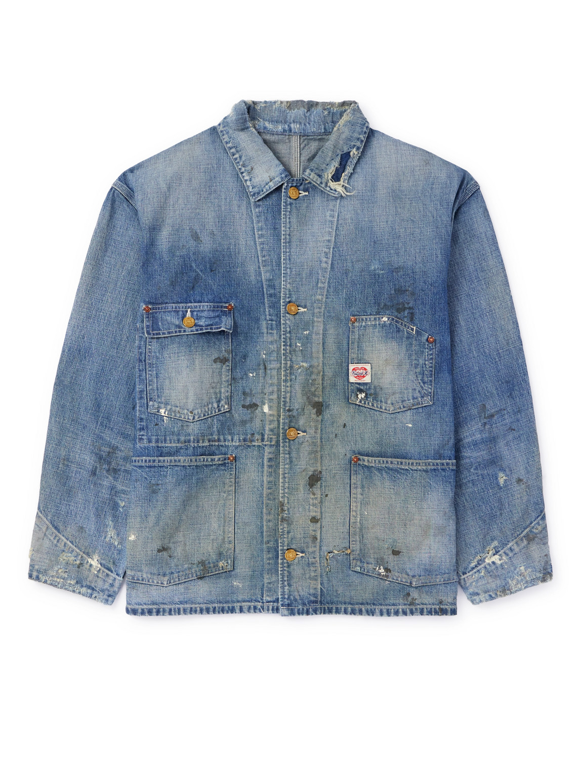 Logo-Appliqued Distressed Denim Jacket