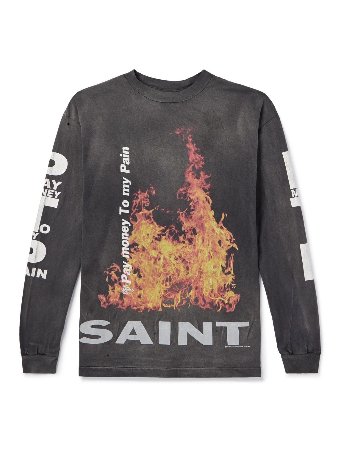 Saint Mxxxxxx Pay Money To My Pain Printed Distressed Cotton-jersey T-shirt In Grey