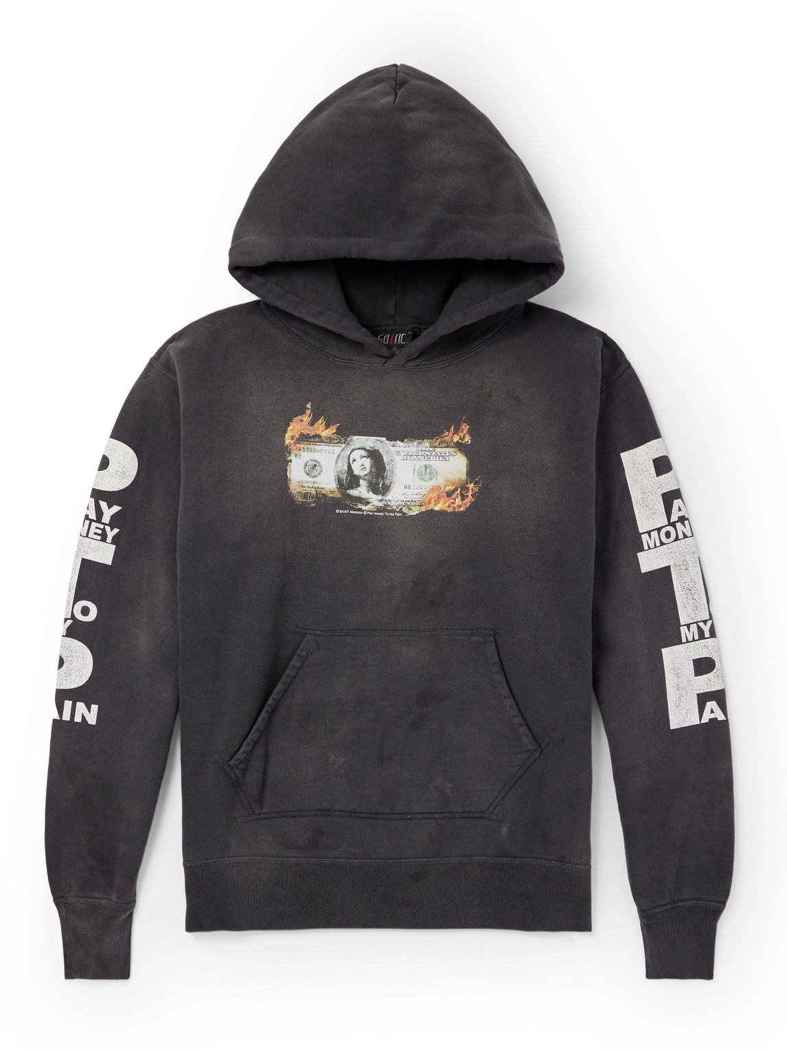 Saint Mxxxxxx Pay Money To My Pain Distressed Printed Cotton-jersey Hoodie In Black
