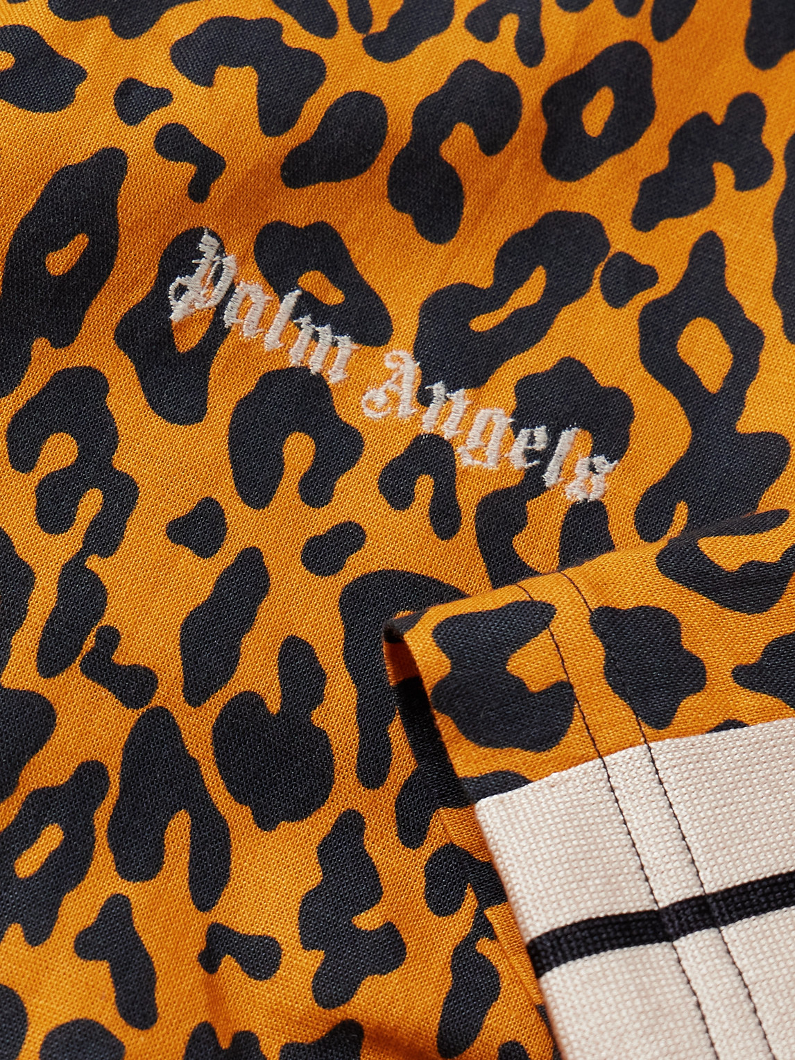 Shop Palm Angels Webbing-trimmed Leopard-print Linen And Cotton-blend Shirt In Orange