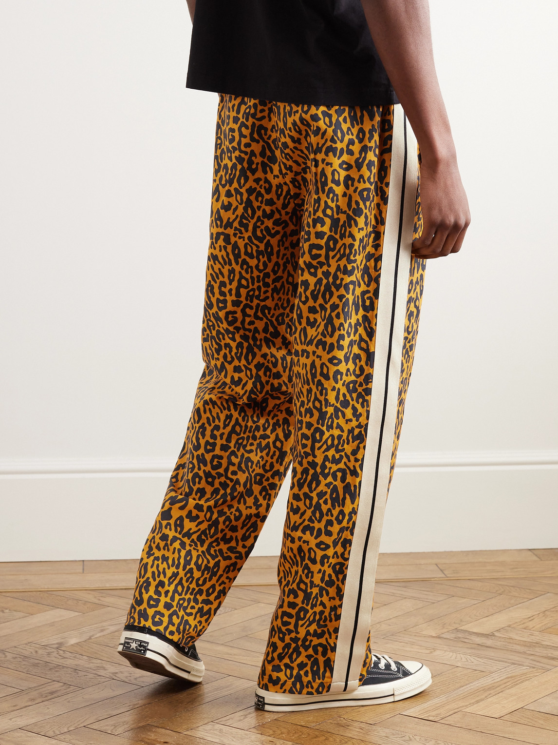 Shop Palm Angels Straight-leg Leopard-print Striped Linen And Cotton-blend Jersey Track Pants In Orange