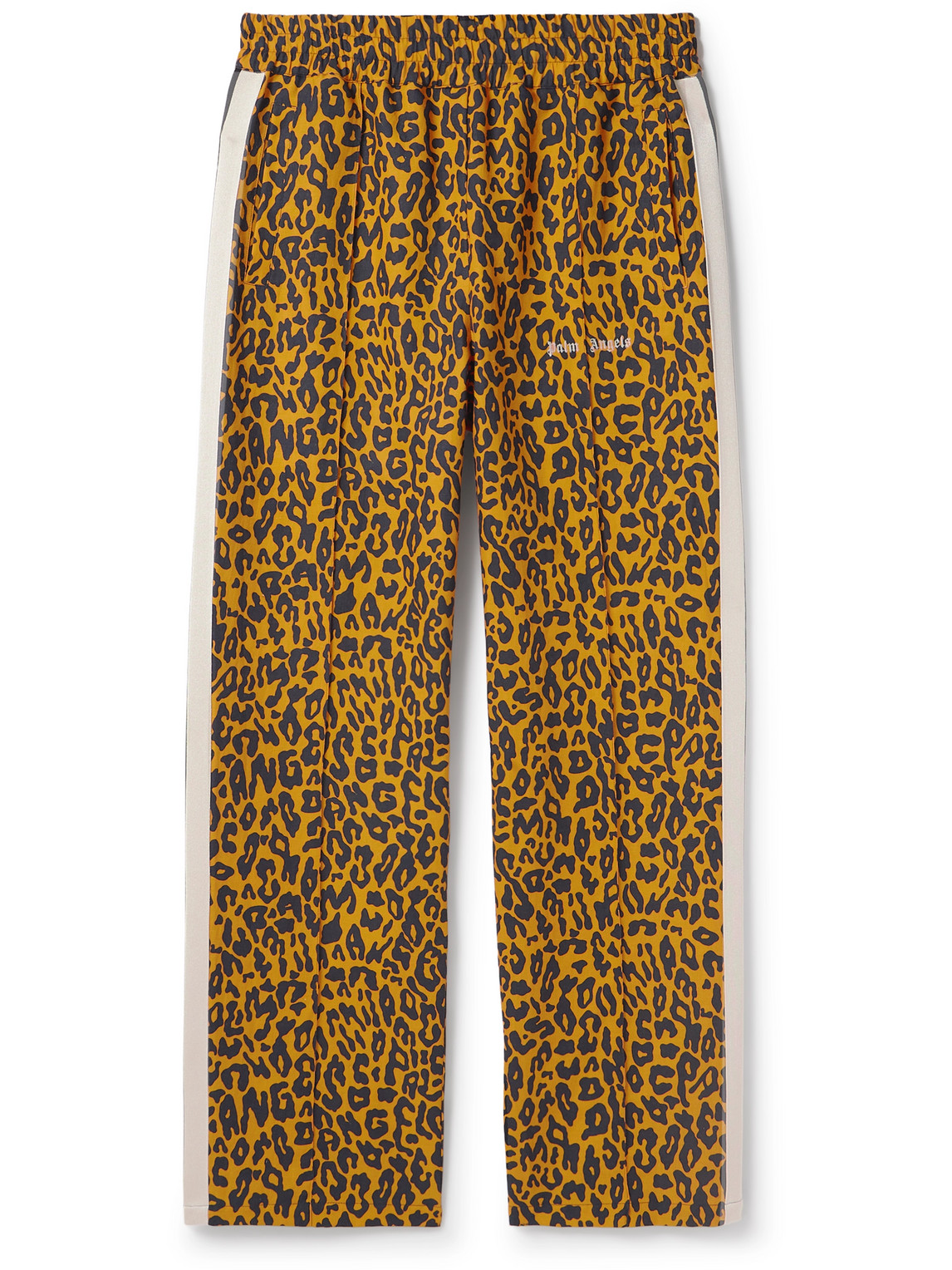 Shop Palm Angels Straight-leg Leopard-print Striped Linen And Cotton-blend Jersey Track Pants In Orange