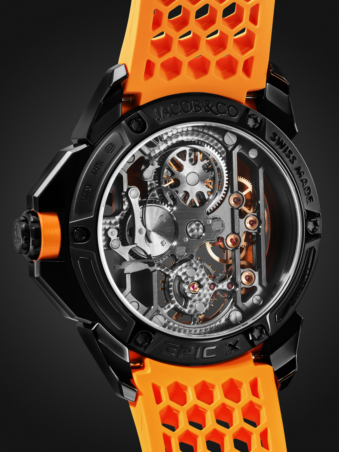 Shop Jacob & Co. Epic X Limited Edition Hand-wound Skeleton Chronograph 44mm Dlc-coated Stainless Steel And Rubber Wa In Orange