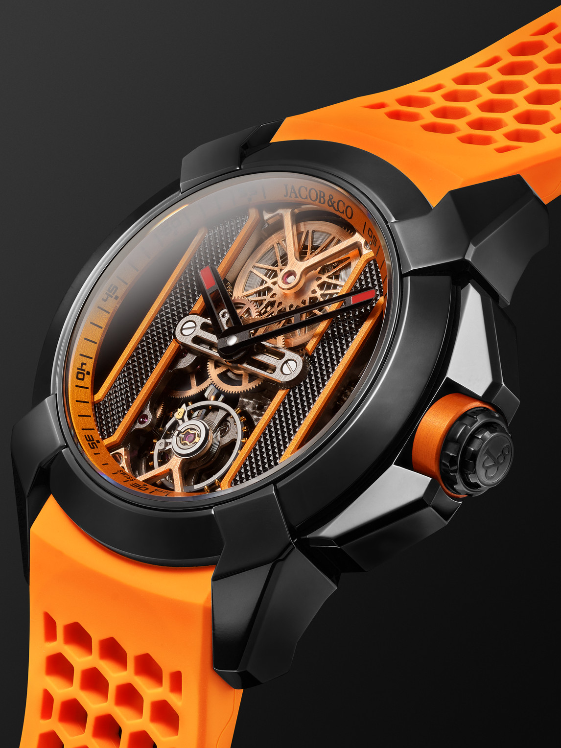 Shop Jacob & Co. Epic X Limited Edition Hand-wound Skeleton Chronograph 44mm Dlc-coated Stainless Steel And Rubber Wa In Orange