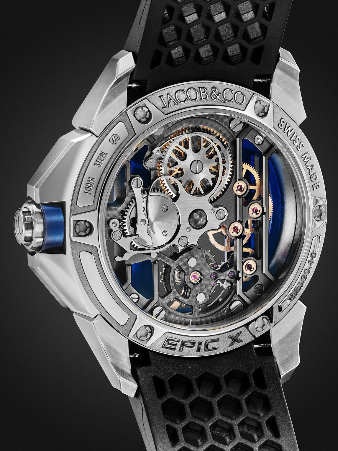 Shop Jacob & Co. Epic X Limited Edition Hand-wound Skeleton Chronograph 44mm Stainless Steel, Rubber And Diamond Watc In Blue