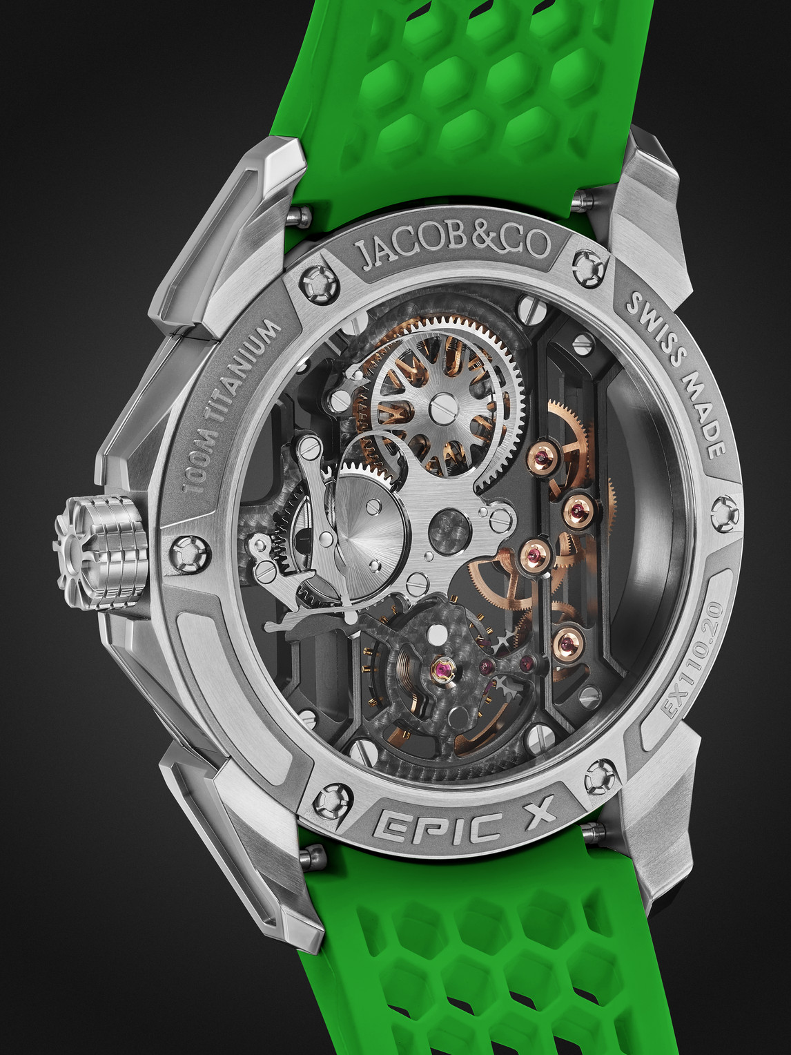 Shop Jacob & Co. Epic X Limited Edition Hand-wound Skeleton Chronograph 44mm Titanium And Rubber Watch, Ref. No. Ex11 In Green