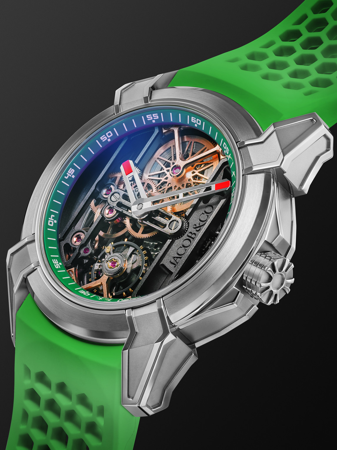 Shop Jacob & Co. Epic X Limited Edition Hand-wound Skeleton Chronograph 44mm Titanium And Rubber Watch, Ref. No. Ex11 In Green