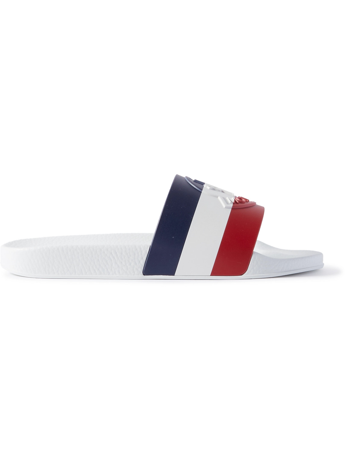 Shop Moncler Basile Logo-embossed Striped Rubber Slides In White