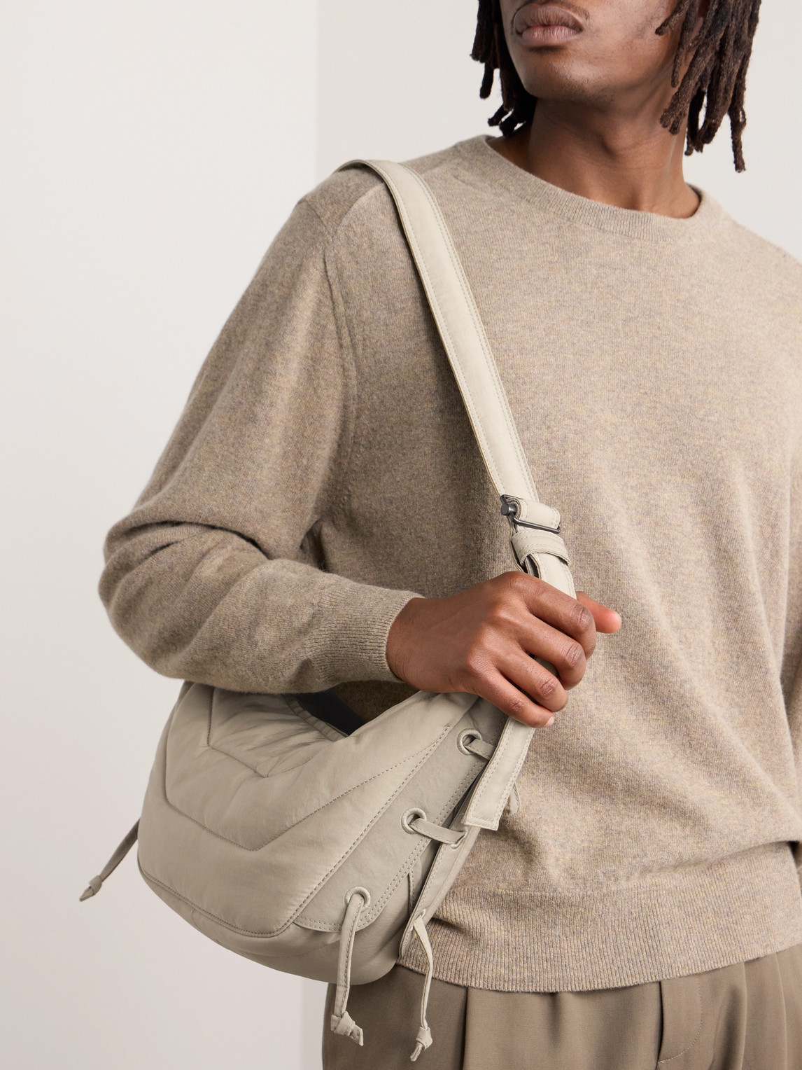 Shop Lemaire Soft Game Small Lace-up Padded Quilted Canvas Shoulder Bag In Neutrals