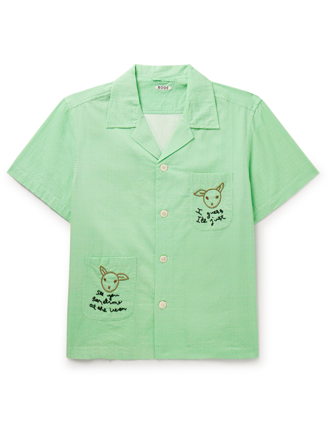 Shop Bode See You At The Barn Camp-collar Bead-embellished Checked Cotton Shirt In Green
