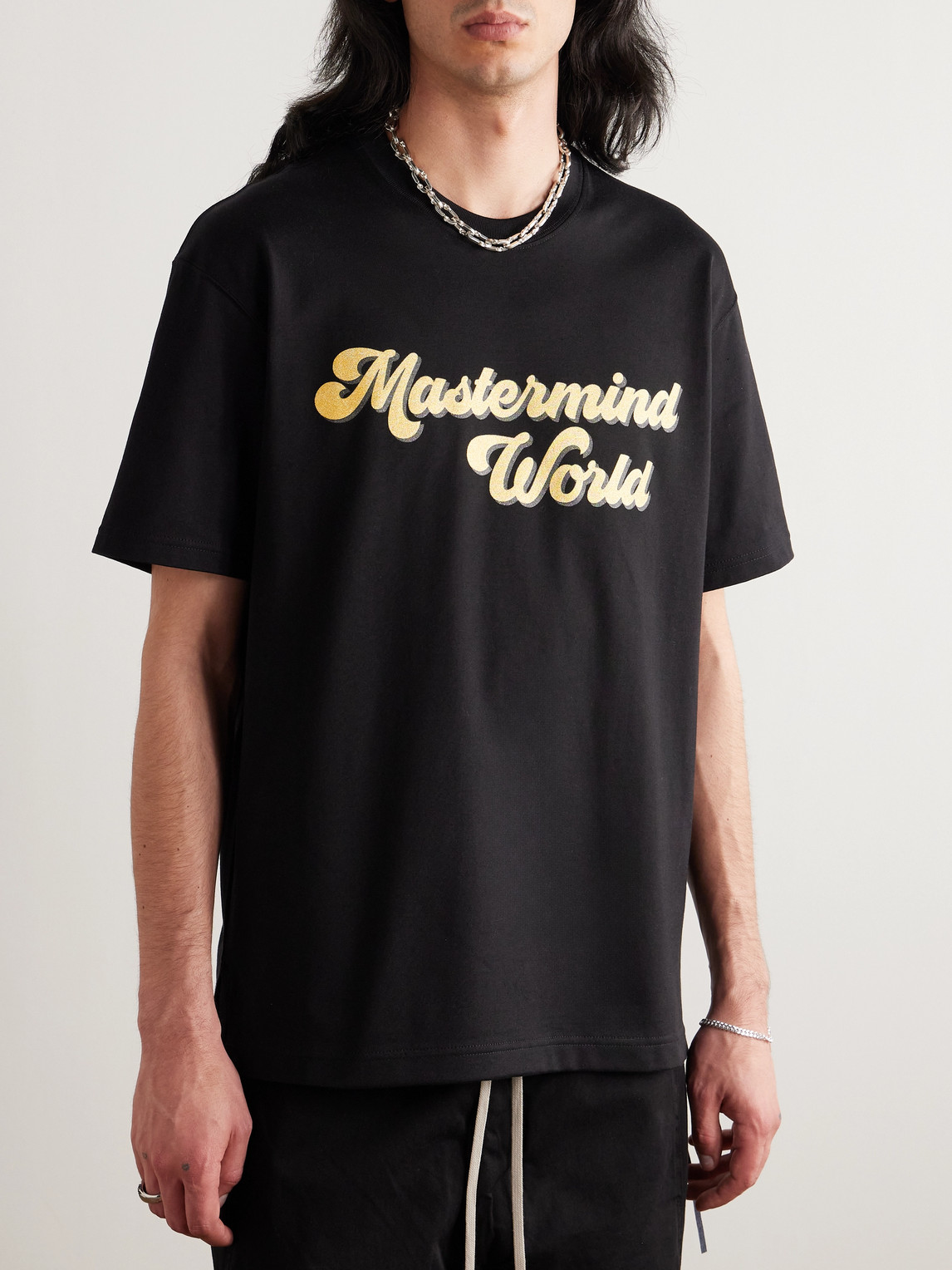 Shop Mastermind Japan Glittered Logo-print Cotton-jersey T-shirt In Black