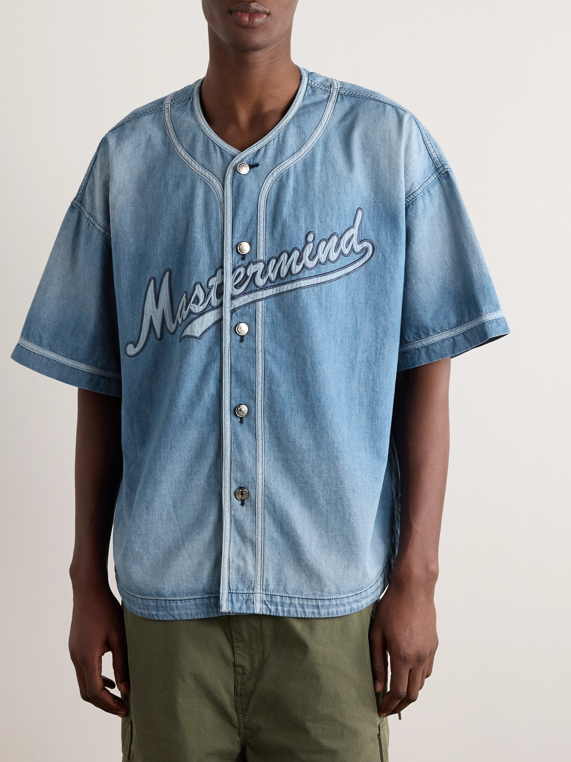 Shop Mastermind Japan Logo-appliquéd Denim Shirt In Blue