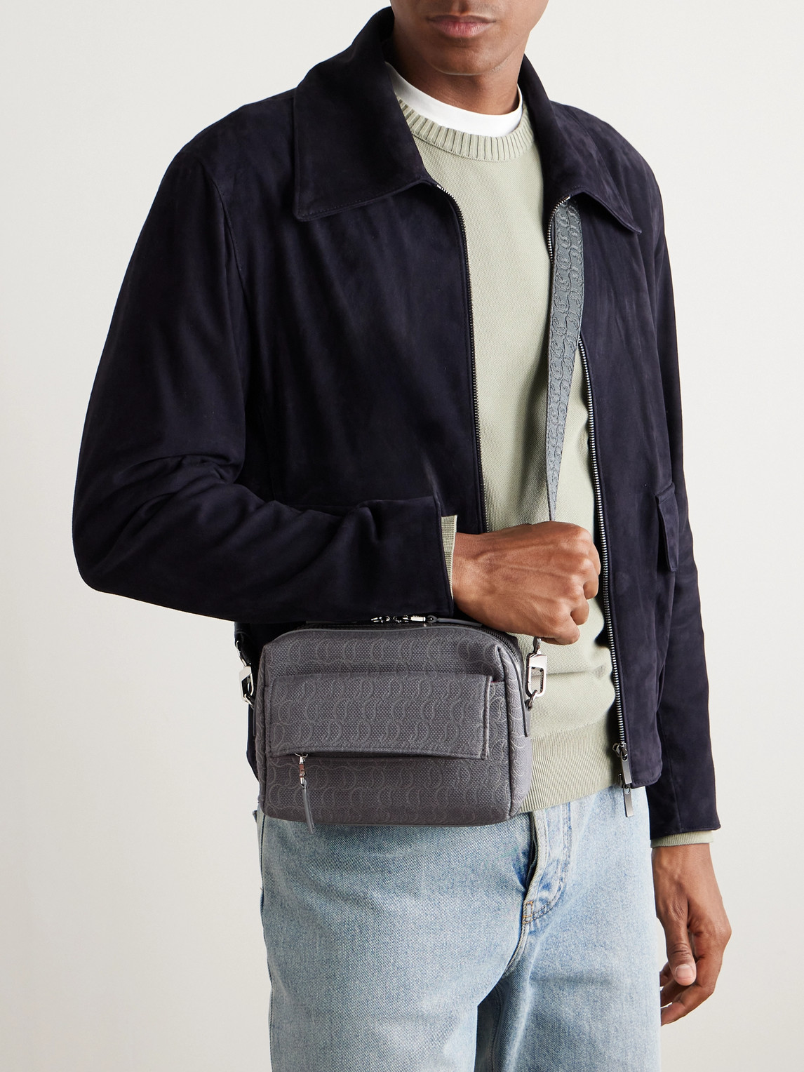 Shop Christian Louboutin Zip N Flap Leather-trimmed Canvas-jacquard Messenger Bag In Gray