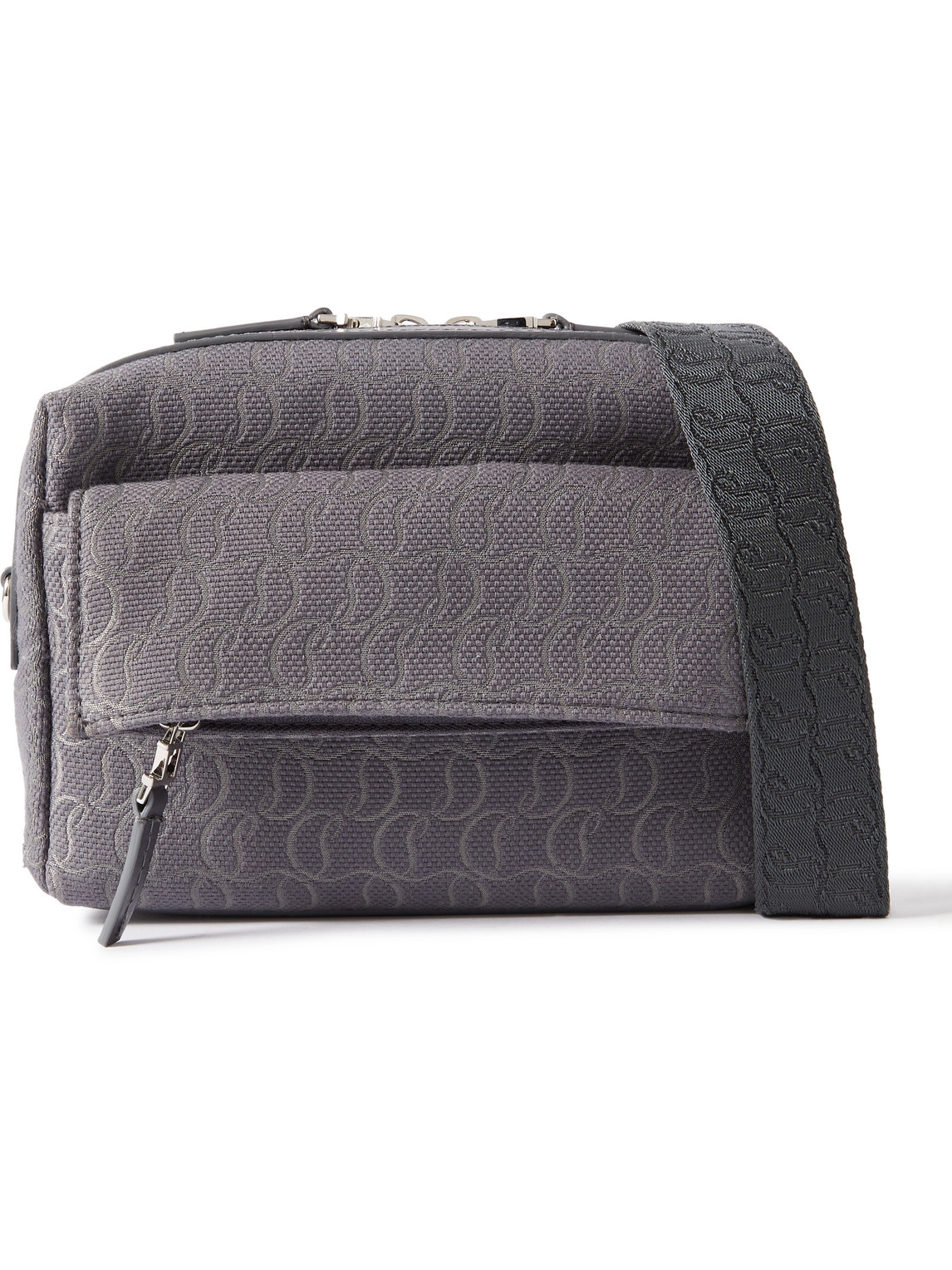 Christian Louboutin Zip N Flap Leather-trimmed Canvas-jacquard Messenger Bag In Gray