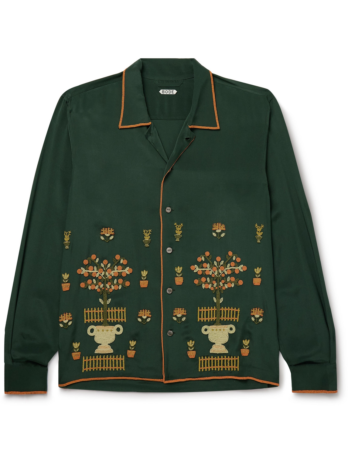 Bode Beaded Paddock Sampler Short Sleeve Silk Button-up Shirt In Green