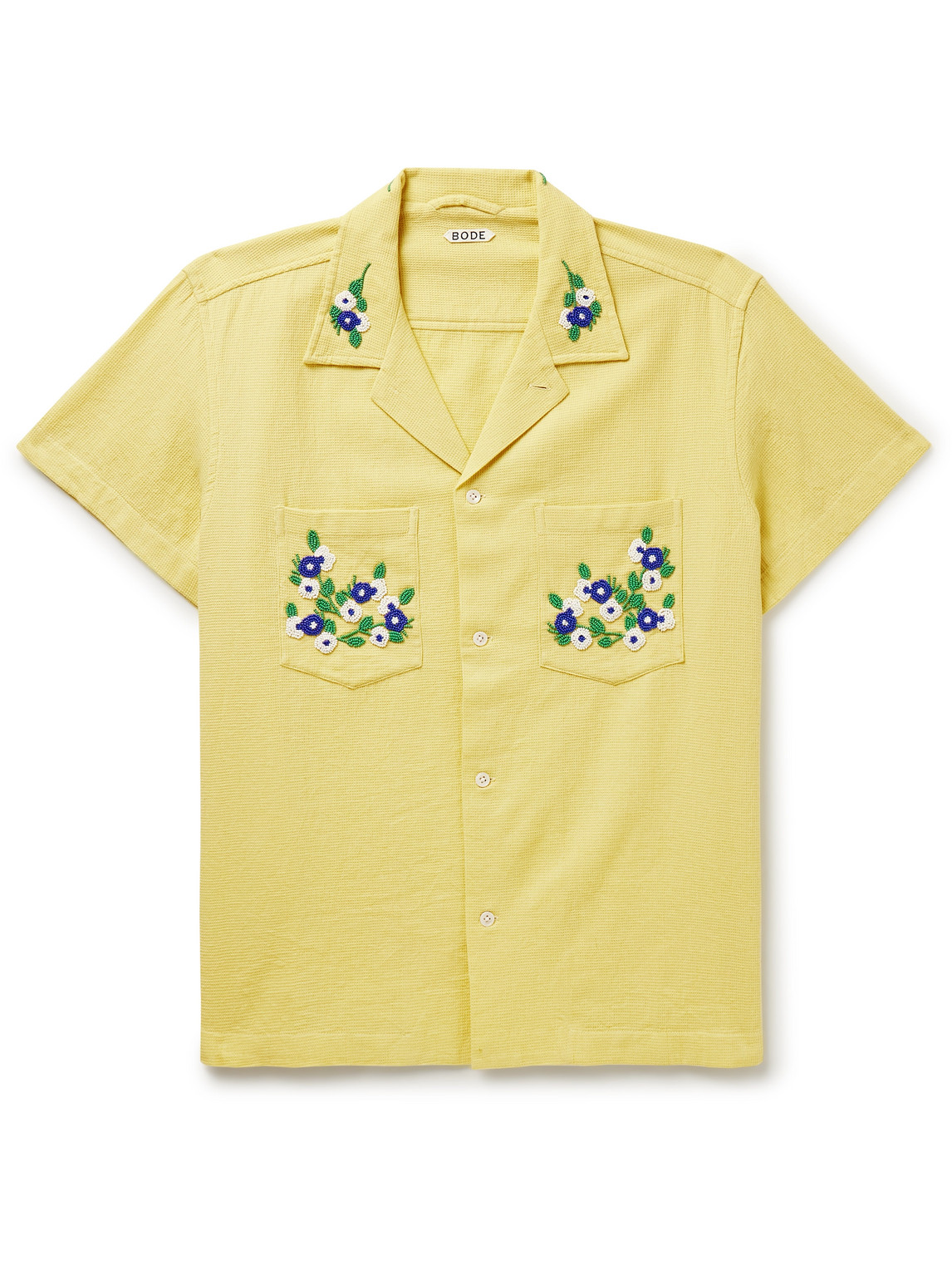 Shop Bode Chicory Camp-collar Bead-embellished Waffle-knit Cotton Shirt In Yellow