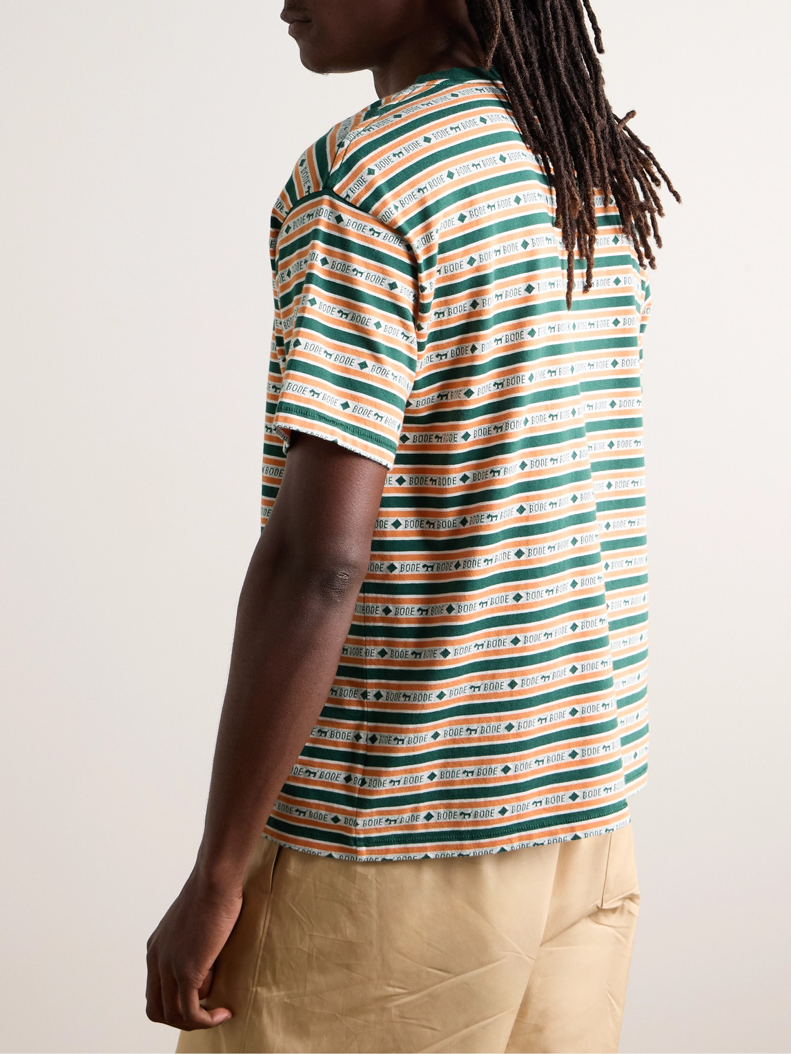 Shop Bode Scottie Striped Cotton-jacquard T-shirt In Green