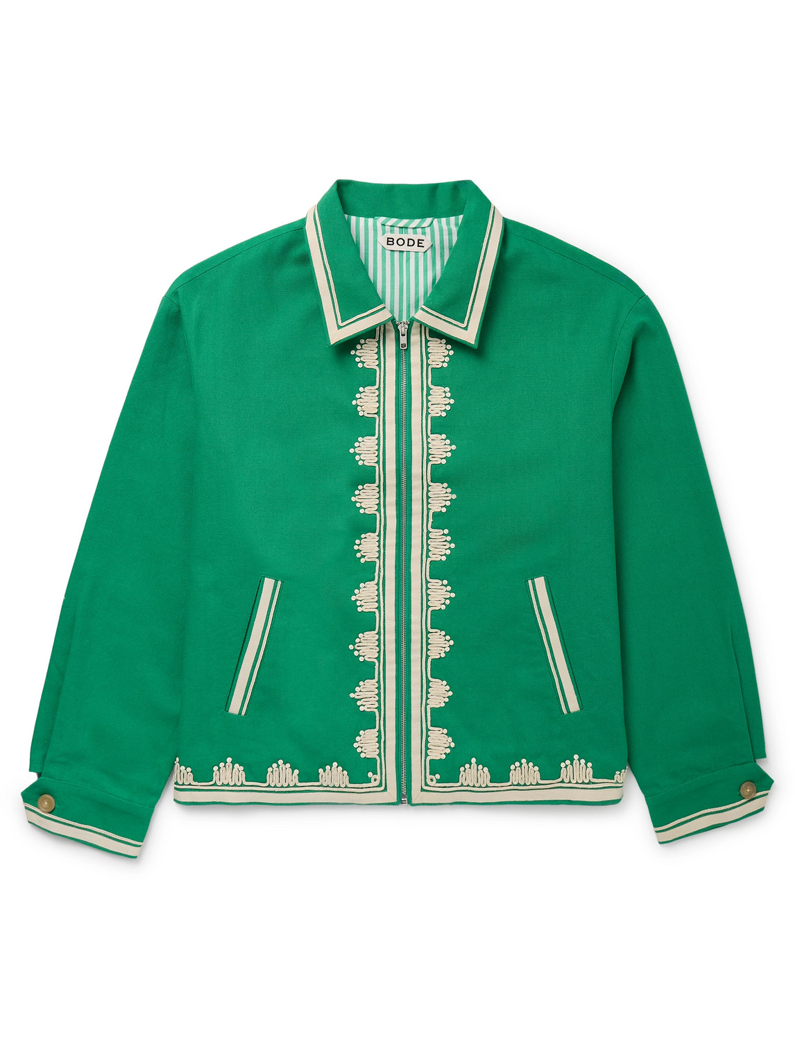 Bode Ripple Embellished Grosgrain-trimmed Cotton-canvas Jacket In Green