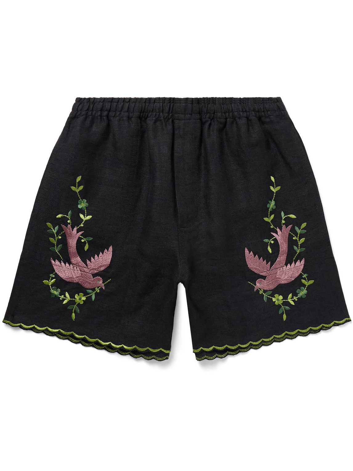 Bode Rosefinch Embroidered Linen Bermuda Shorts In Black
