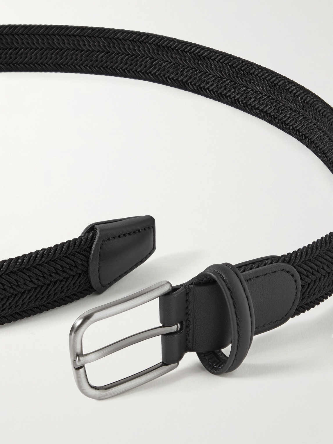 Shop Anderson's 3.5cm Leather-trimmed Woven Elastic Belt In Black