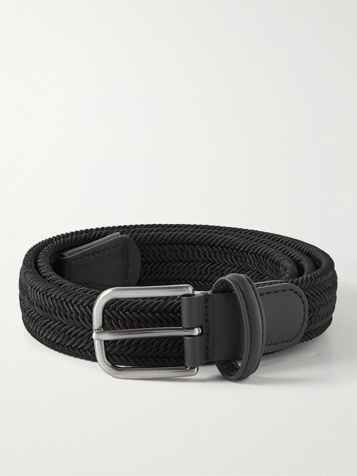Anderson's 3.5cm Leather-trimmed Woven Elastic Belt In Black