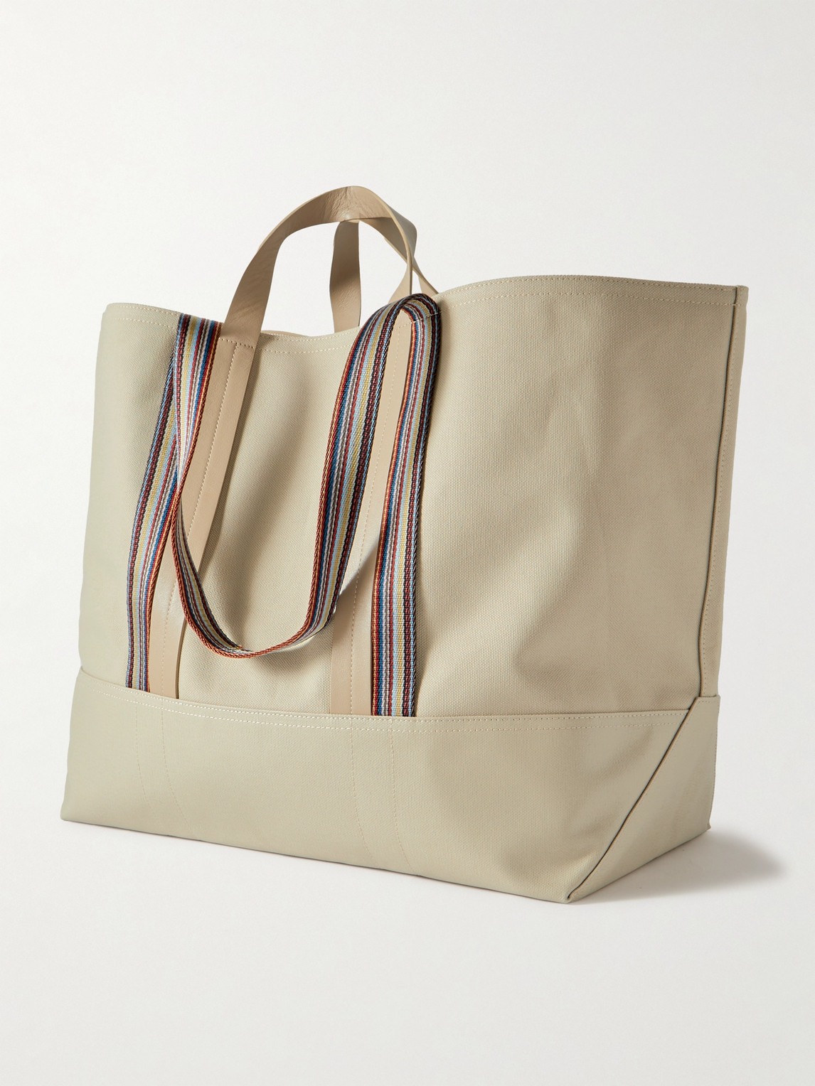 Shop Paul Smith Striped Leather And Webbing-trimmed Cotton-blend Canvas Tote Bag In Neutrals