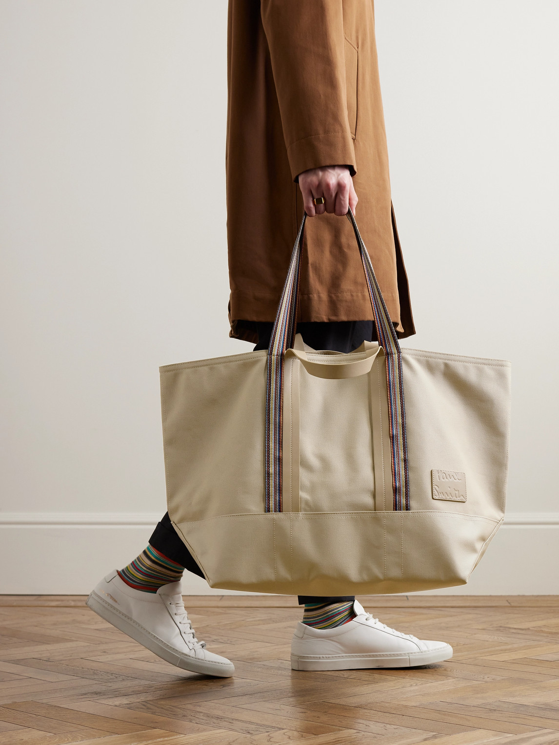 Shop Paul Smith Striped Leather And Webbing-trimmed Cotton-blend Canvas Tote Bag In Neutrals