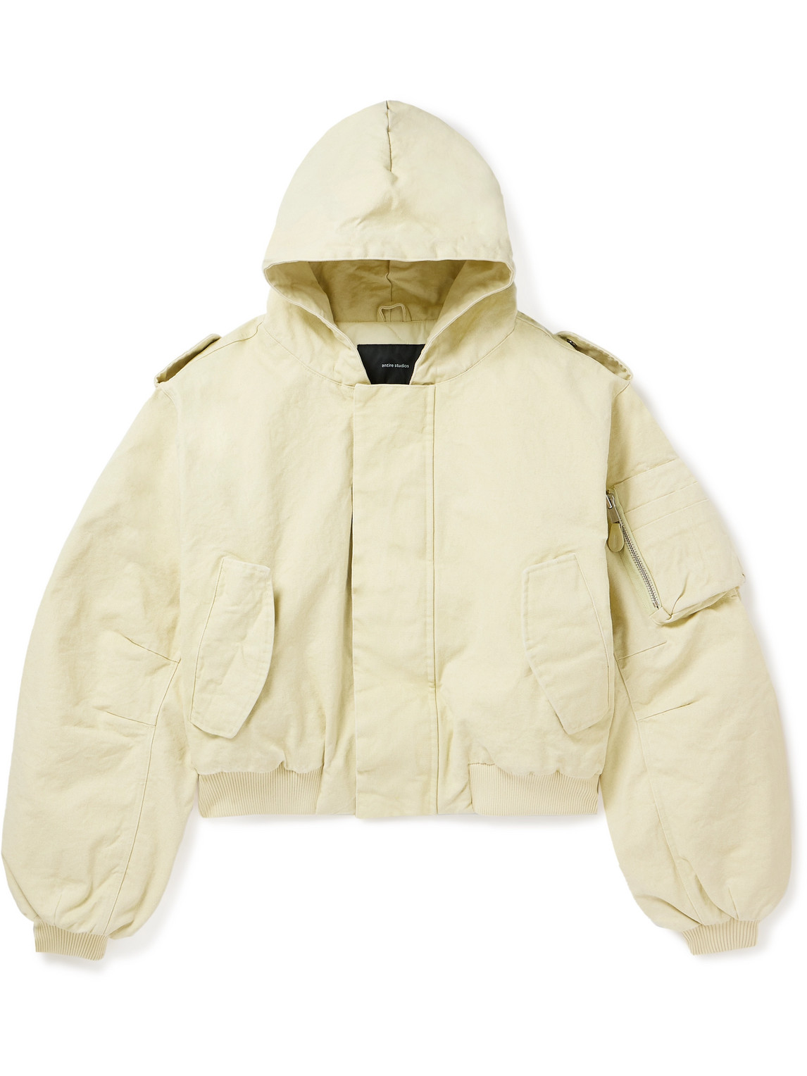 Entire Studios W2 Cropped Padded Washed Cotton-canvas Hooded Bomber Jacket In Yellow