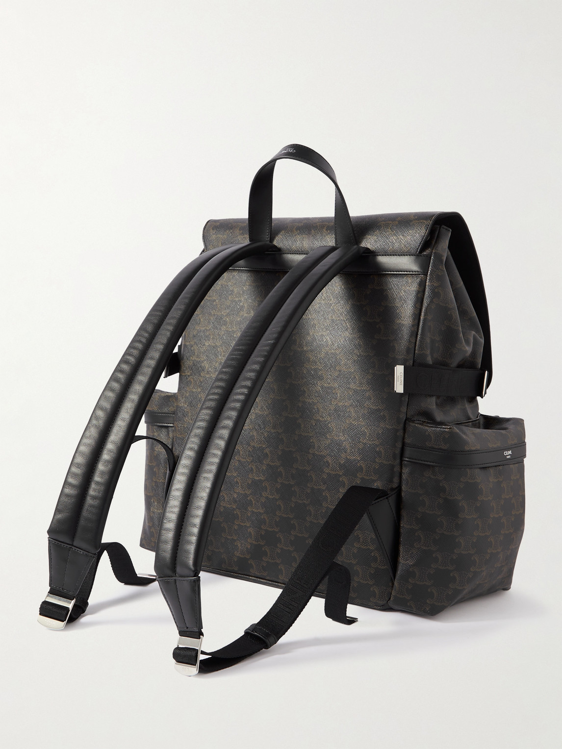 Celine Triomphe Leather-trimmed Logo-print Coated-canvas Backpack In Black