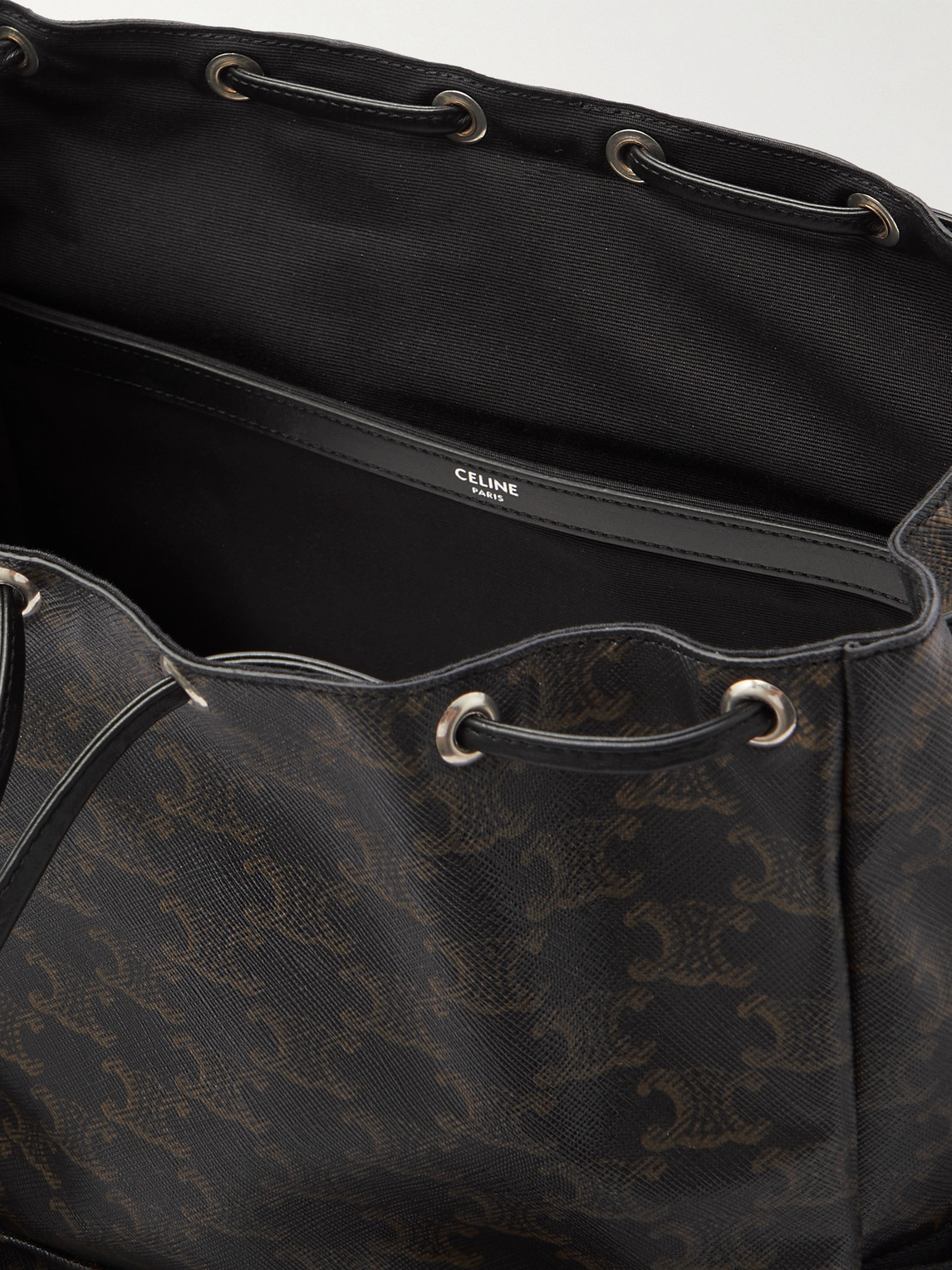 Celine Triomphe Leather-trimmed Logo-print Coated-canvas Backpack In Black