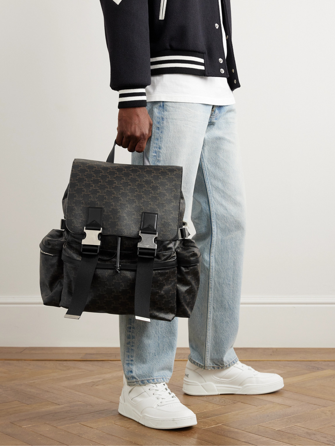 Celine Triomphe Leather-trimmed Logo-print Coated-canvas Backpack In Black