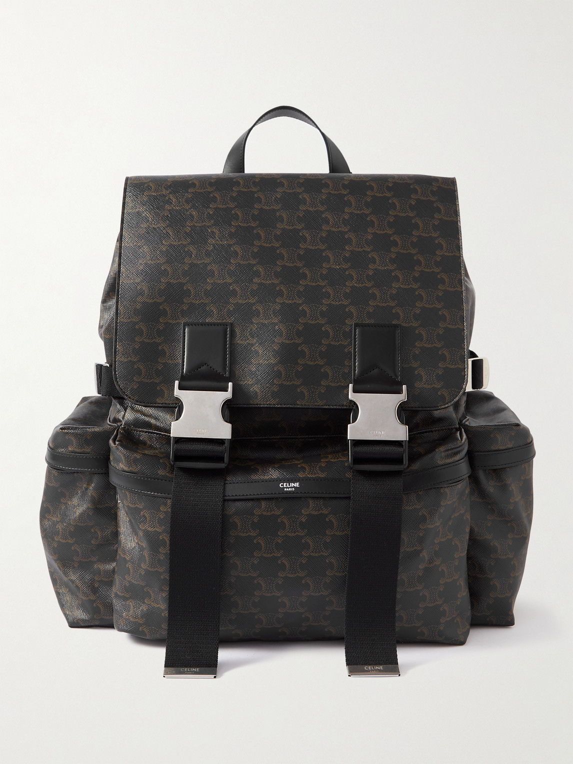 Celine Triomphe Leather-trimmed Logo-print Coated-canvas Backpack In Black