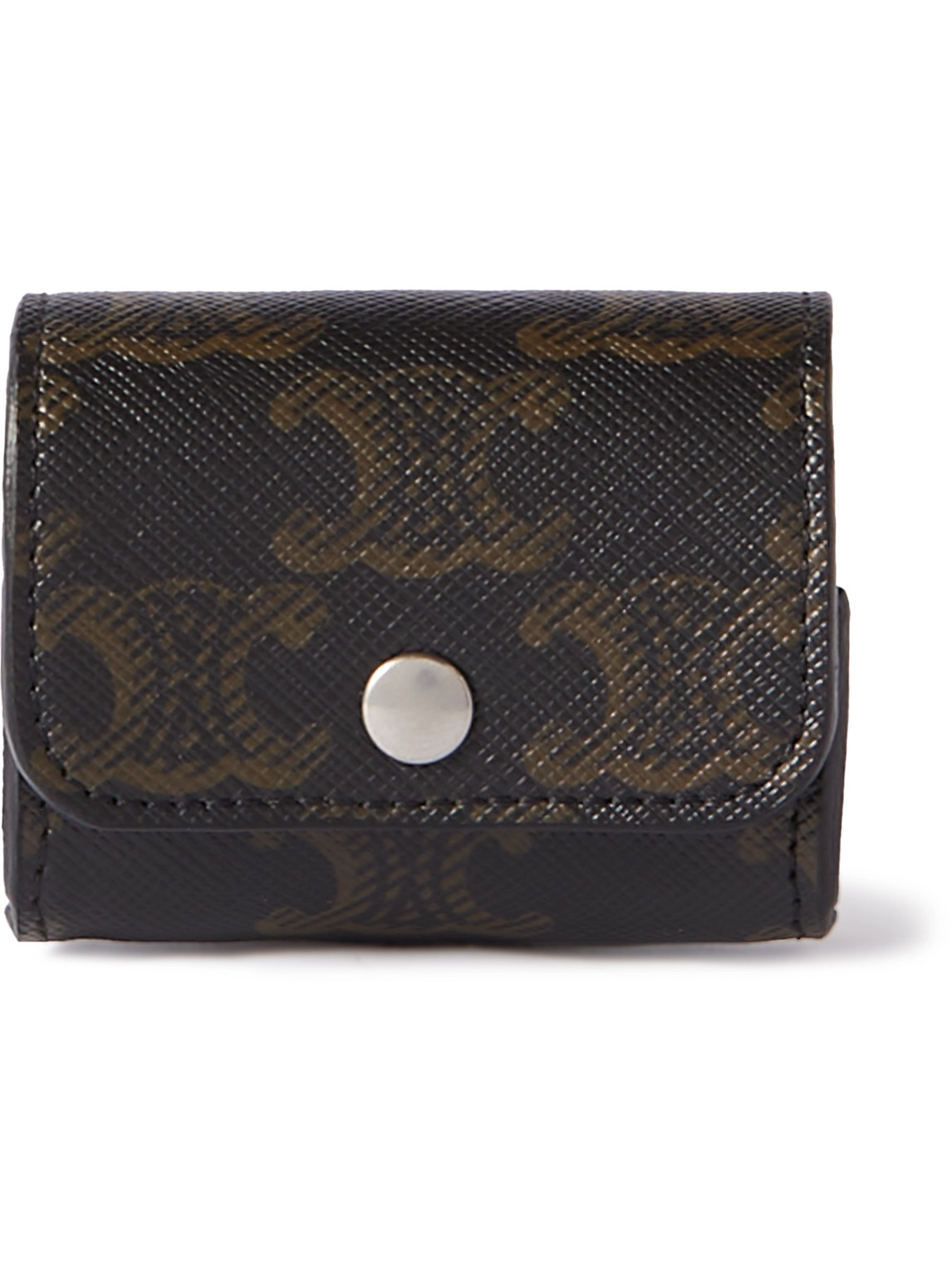 Celine Triomphe Leather-trimmed Logo-print Coated-canvas Airpods Case In Brown