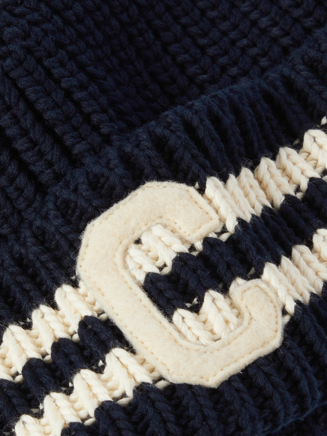 Celine Logo-appliquéd Striped Ribbed Cotton Beanie In Blue