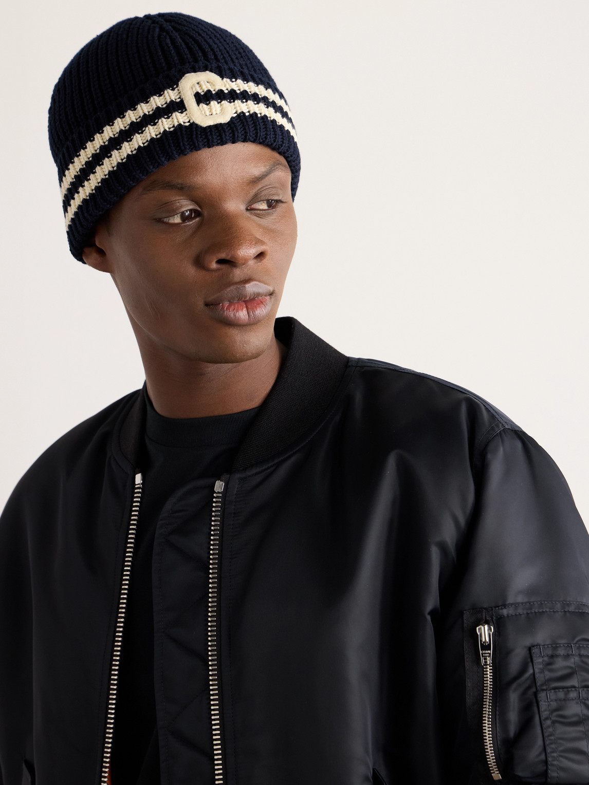 Celine Logo-appliquéd Striped Ribbed Cotton Beanie In Blue