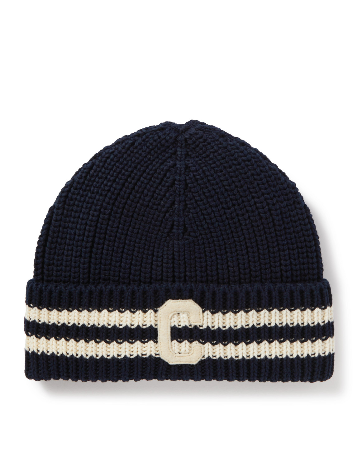 Celine Logo-appliquéd Striped Ribbed Cotton Beanie In Blue