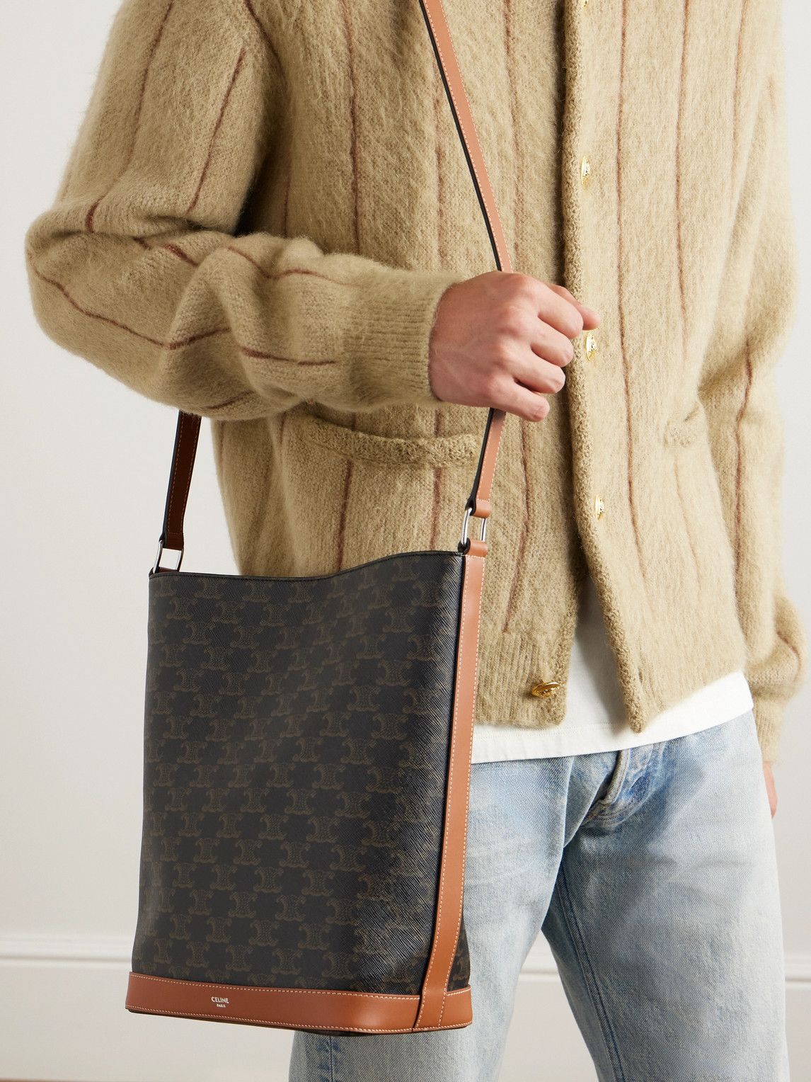 Celine Triomphe Leather-trimmed Logo-print Coated-canvas Tote Bag In Black