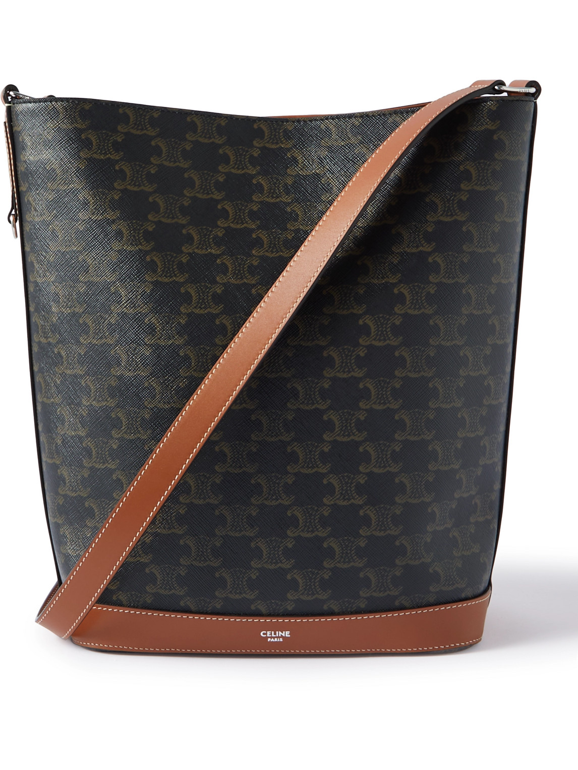 Celine Triomphe Leather-trimmed Logo-print Coated-canvas Tote Bag In Black