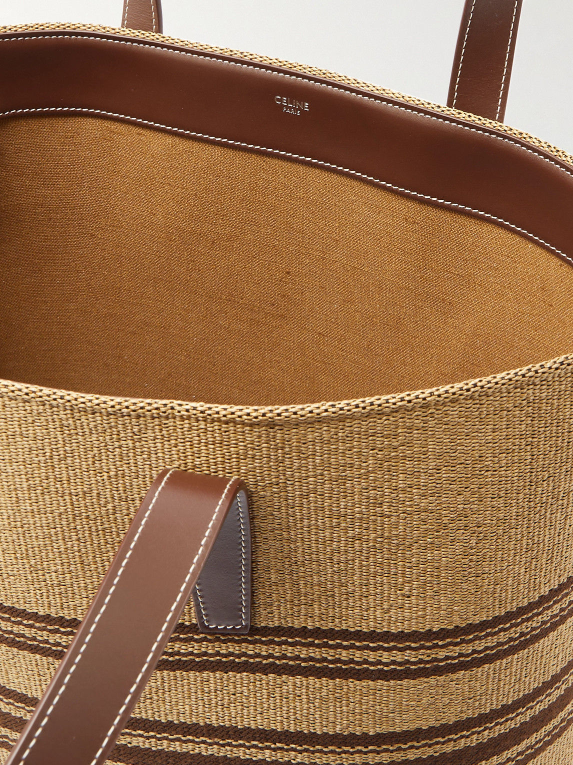 Celine Striped Logo-embroidered Leather-trimmed Raffia Tote In Neutral