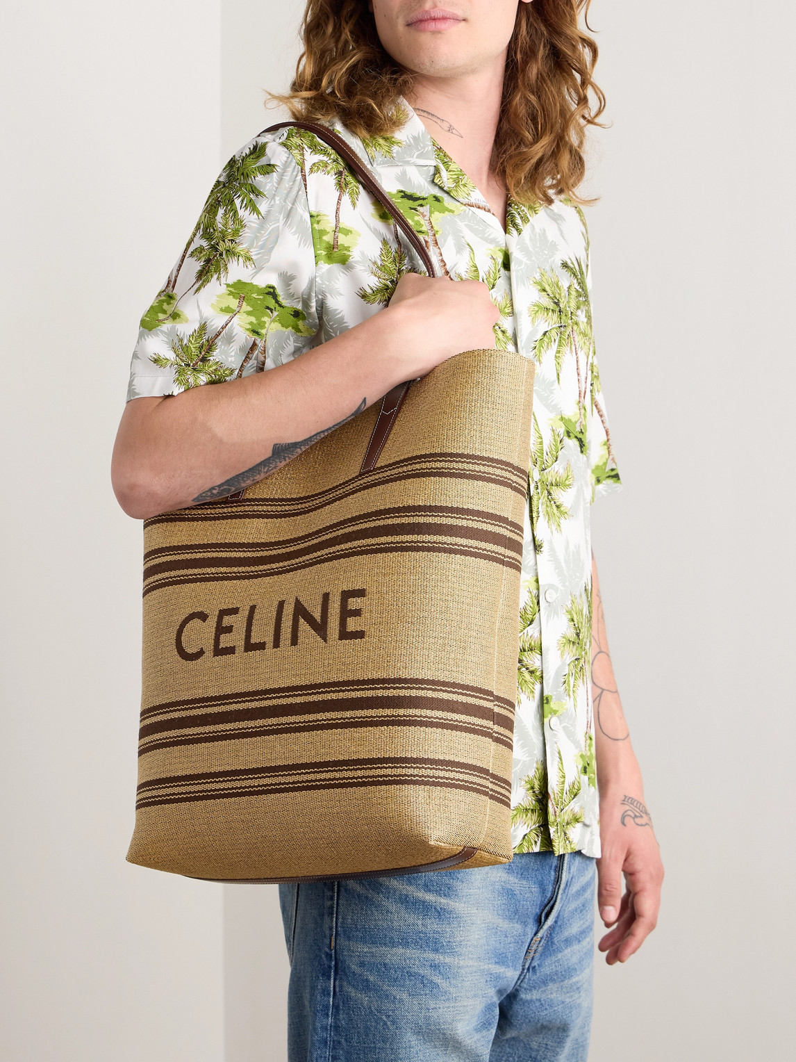 Celine Striped Logo-embroidered Leather-trimmed Raffia Tote In Neutral